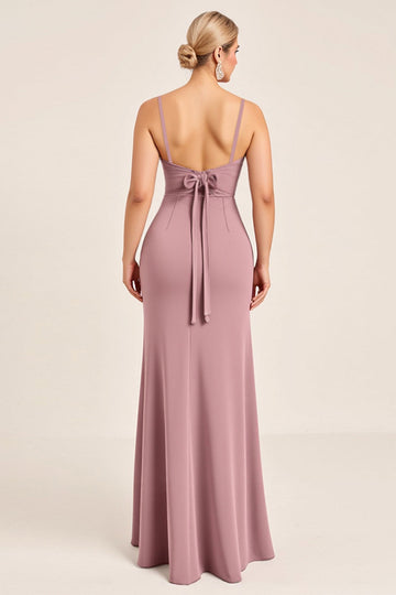 Vintage Mauve fourreau spaghetti bretelles froncé longue robe de demoiselle d’honneur avec fente